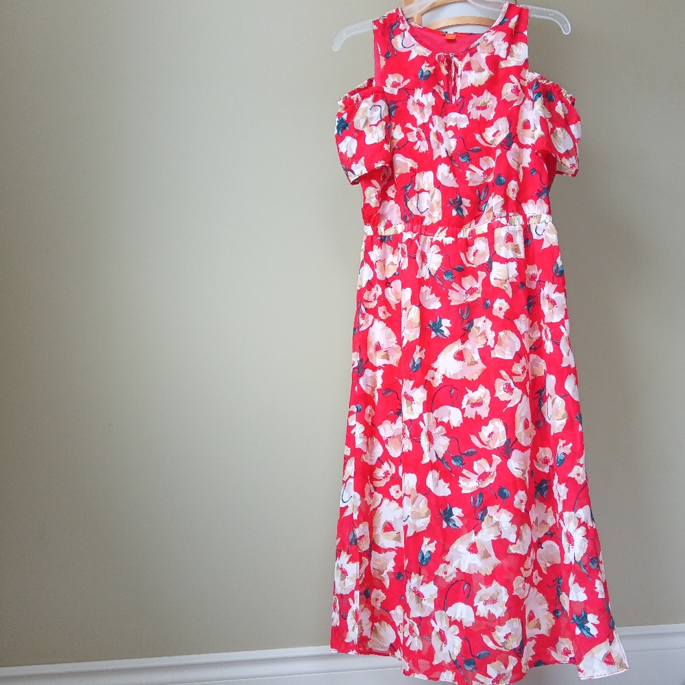 🪇2for$15 Ptp18" Cold Shoulder Short Sleeve Red Floral Long Dress - NWOT - Picture 4 of 9